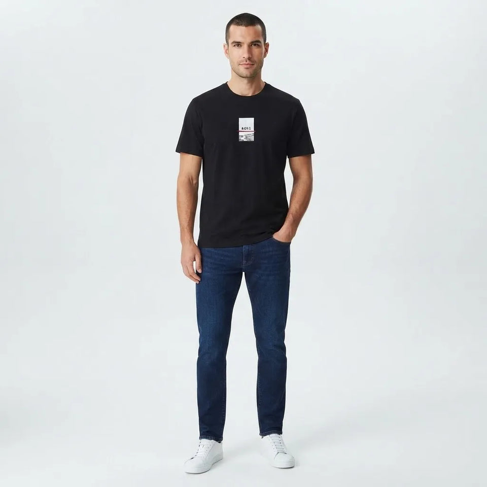 Boss Men's Black Graphic Printed On Chest-Back T-Shirt