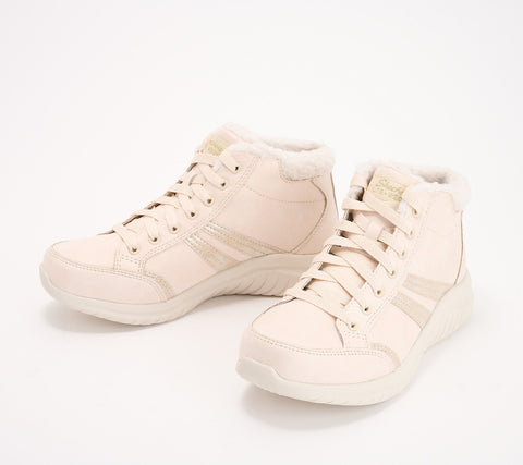 Skechers Women's Off White Ultra Flex Metallic Overlay Sneaker Boots|Skechers In Lebanon