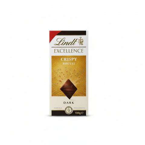 Lindt Excellence Crispy Biscuit Dark chocolate packaging held by a hand against a neutral background