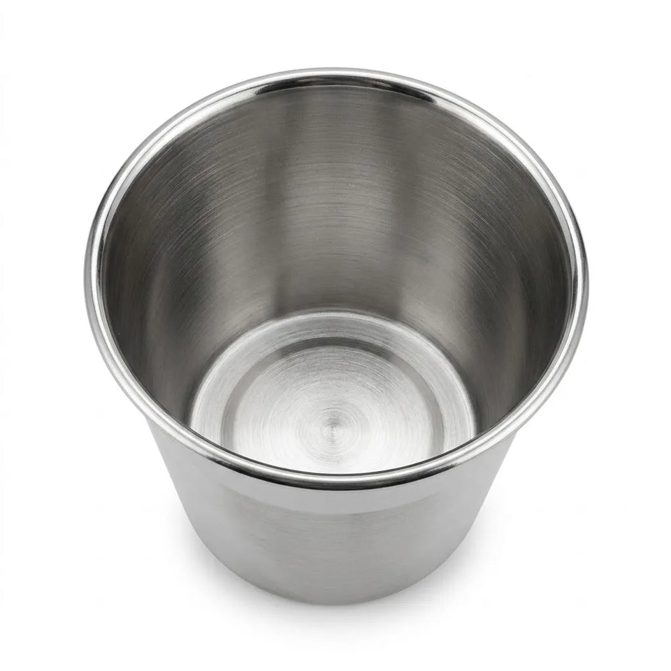 A brushed stainless steel cup with a smooth, slightly tapered cylindrical shape, shown from a top-down perspective on a white background.