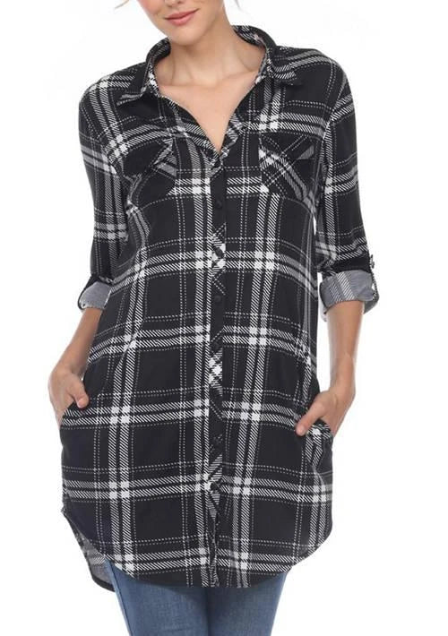 White Mark Women's Black & White Plaid Successfully Comfortable Long Sleeve Shirt |White Mark In Lebanon