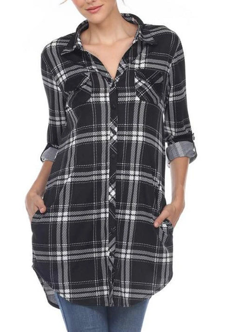 White Mark Women's Black & White Plaid Successfully Comfortable Long Sleeve Shirt |White Mark In Lebanon
