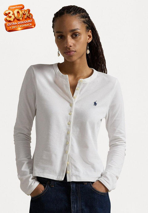 Polo Ralph Lauren Women's White Stretch Mesh Cotton Crew Neck Buttoned Blouse | Polo Ralph Lauren In Lebanon