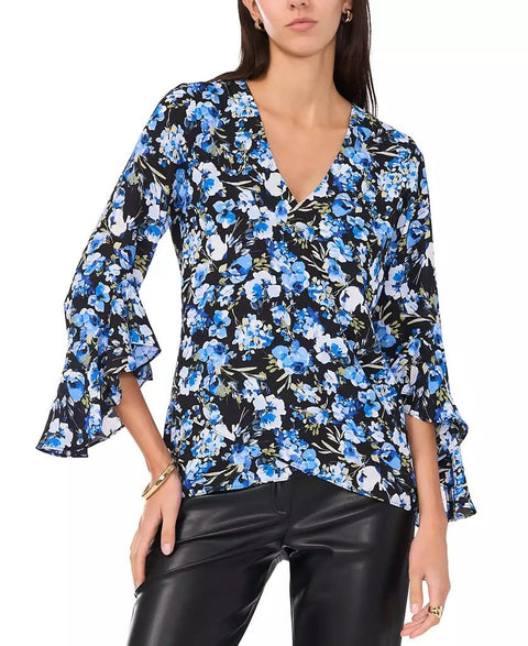 Vince Camuto Women's Black & Blue Floral V-Neck 3/4-Flutter-Sleeve Blouse | Vince Camuto In Lebanon