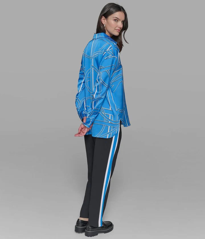 Karl Lagerfeld Paris Women's Blue Multi Satin Button-Front Shirt | Karl Lagerfeld Paris In Lebanon