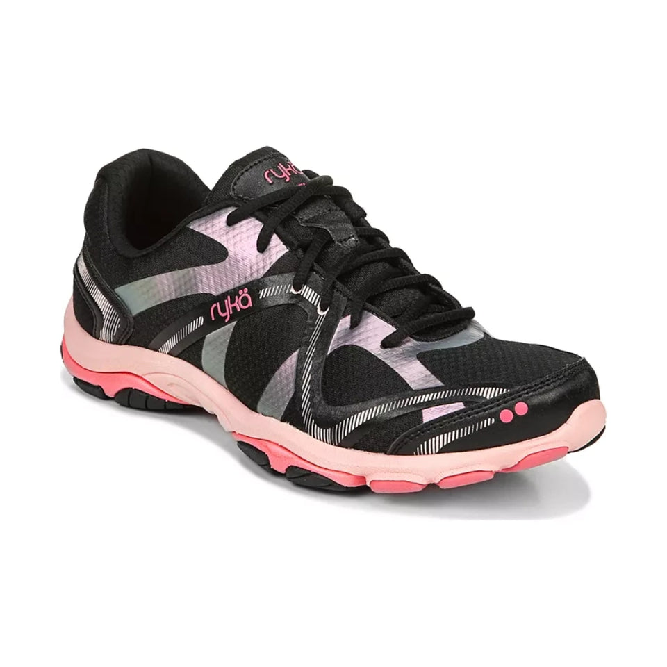 A black athletic running shoe with pink and gray accents, featuring the 'rydö' brand name on the side, set against a plain white background.