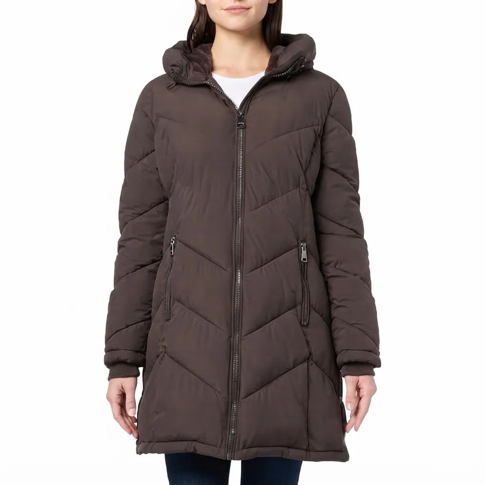 A woman wearing a dark brown hooded puffer jacket with a chevron quilted pattern, shown from the neck down against a plain white background.