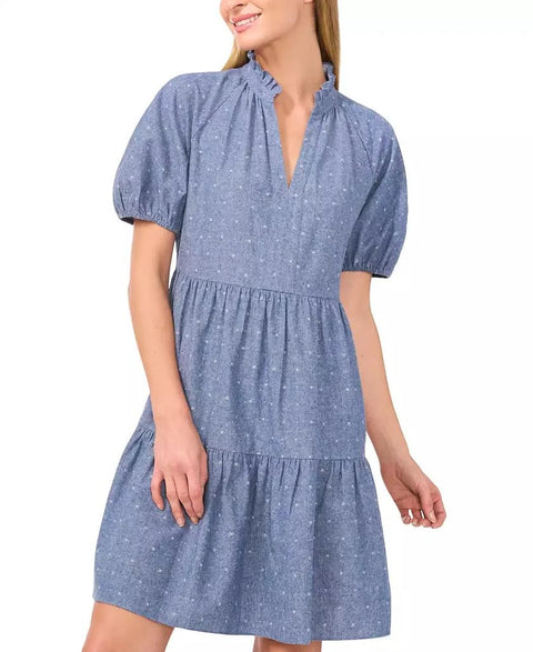 CeCe Women's Niagara Blue Cotton V-Neck Puff-Sleeve Tiered Dress  |  CeCe in Lebanon
