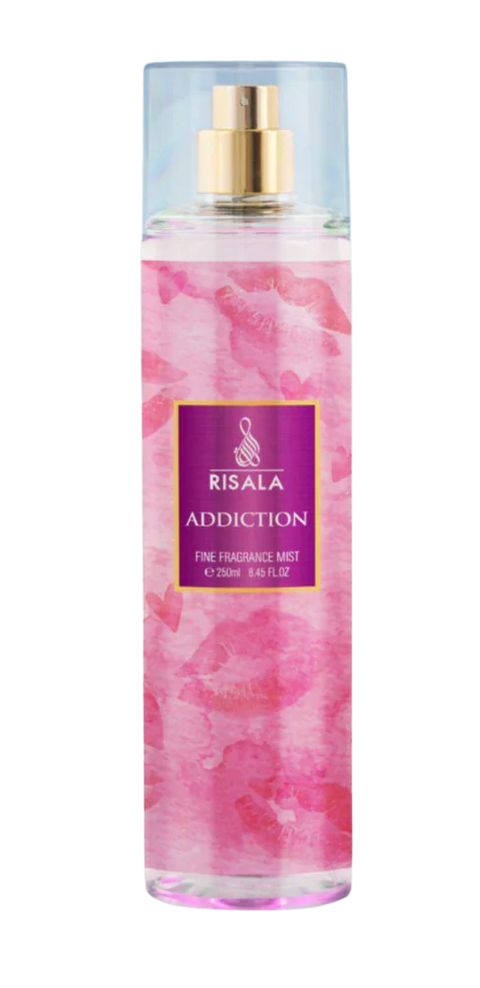 Risala Addiction perfume spray bottle with pink marbled design on a white background