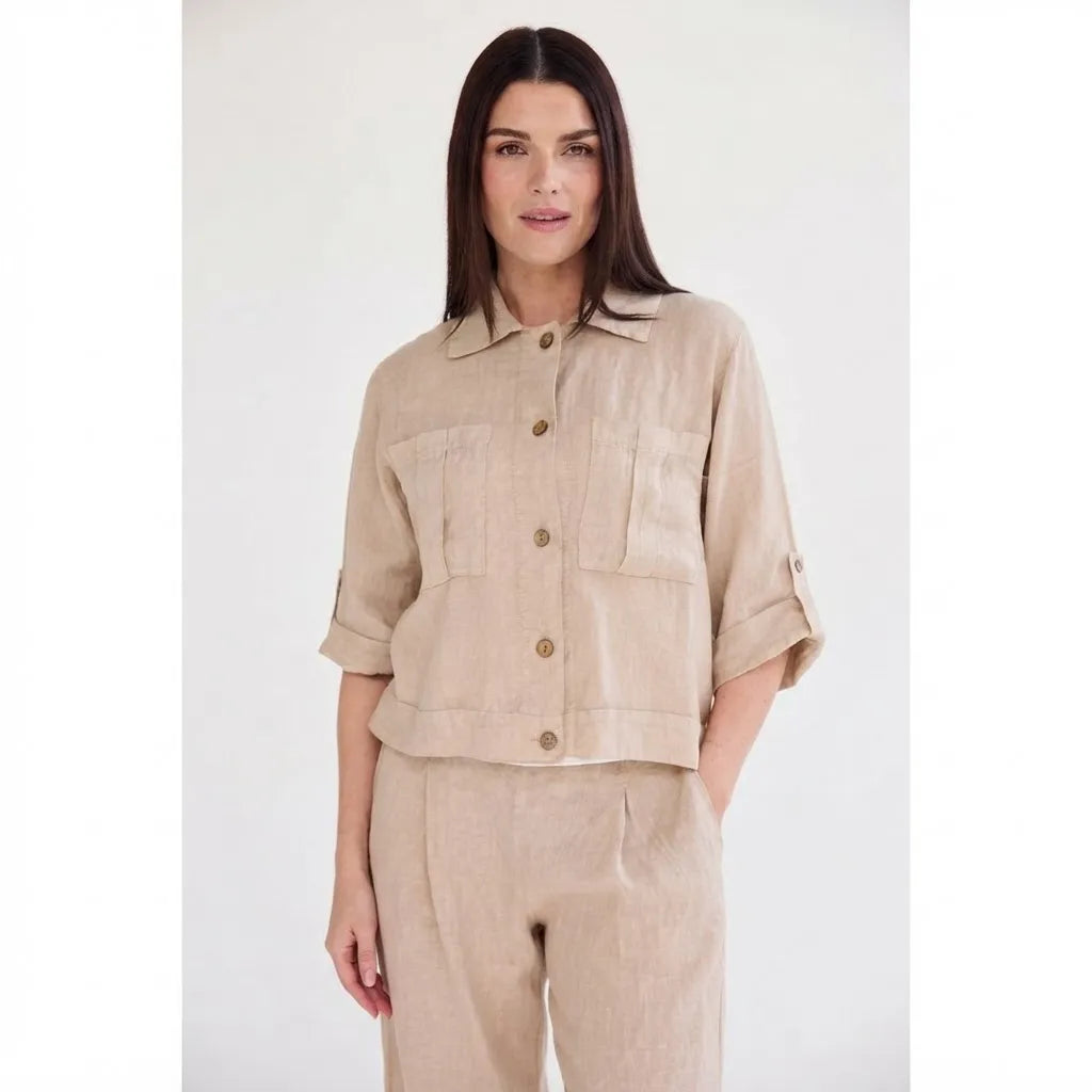 BCX Women's Beige Linen 2-Pockets Long-Sleeve Shirt