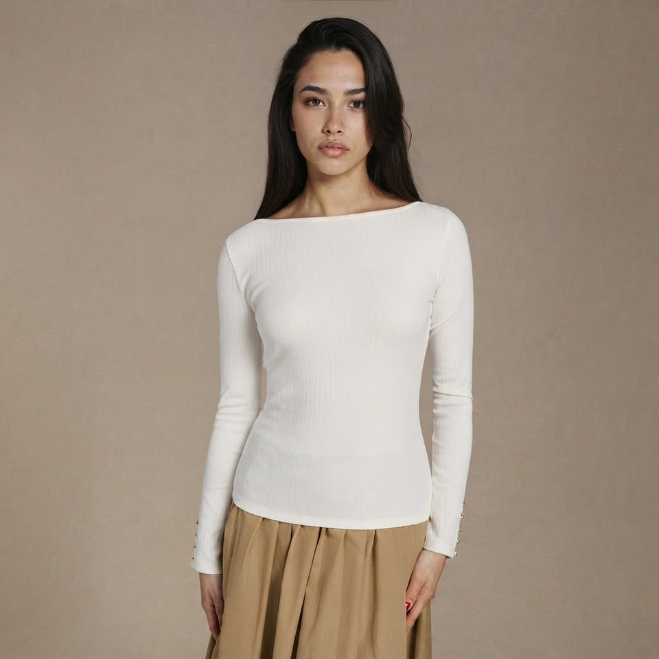 Sinsay Women's Off White Long Sleeve Wide Boat Neck Ribbed Blouse