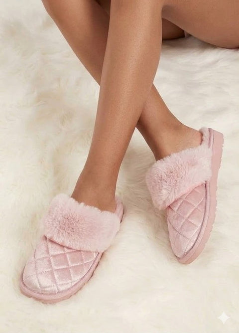 Charter Club Women's Pink Velvet Quilted Faux Fur Trim Slipper | Charter Club In Lebanon