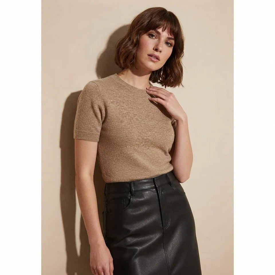 Sinsay Women's Beige Crewneck Short Sleeves Knit with Ribbed Edges Sweater