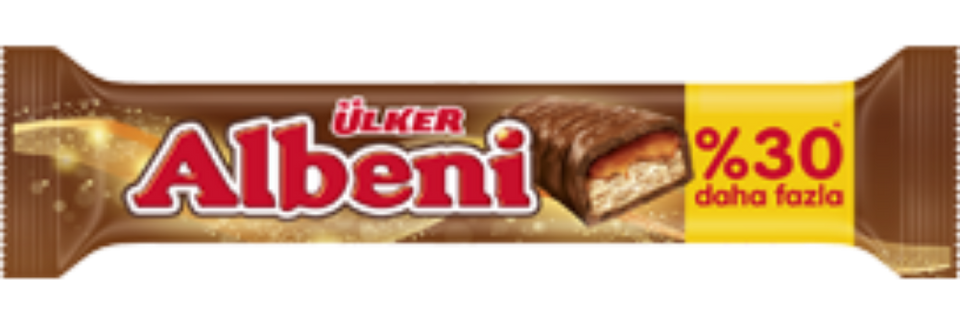 Chocolate bar packaging with 'Ulker Albeni' branding on a white background
