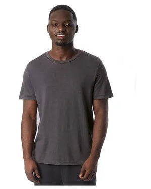 Man wearing a plain gray t-shirt on a white background