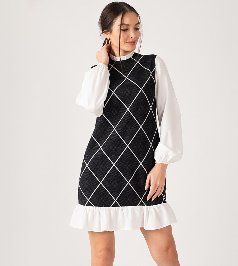 Armonika  Women's Black/White Patterned Frilly Mini Dress  | Armonika in Lebanon