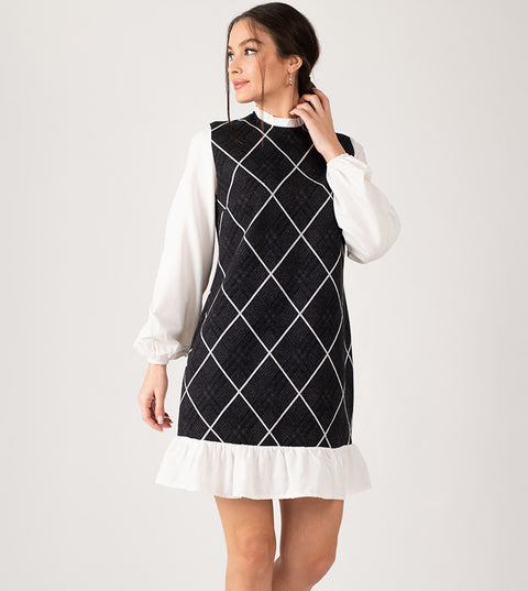 Armonika  Women's Black/White Patterned Frilly Mini Dress  | Armonika in Lebanon