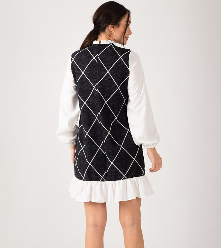 Armonika  Women's Black/White Patterned Frilly Mini Dress  | Armonika in Lebanon