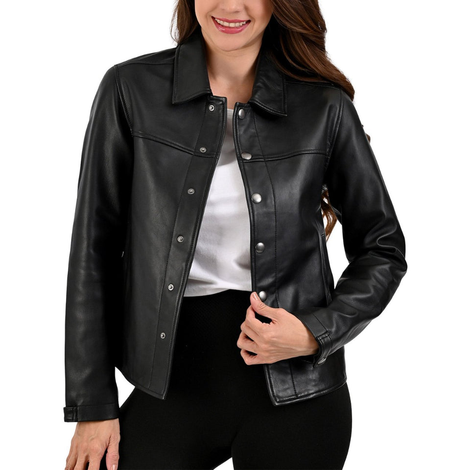 Frye Women's Black Leather Snap-Front Jacket