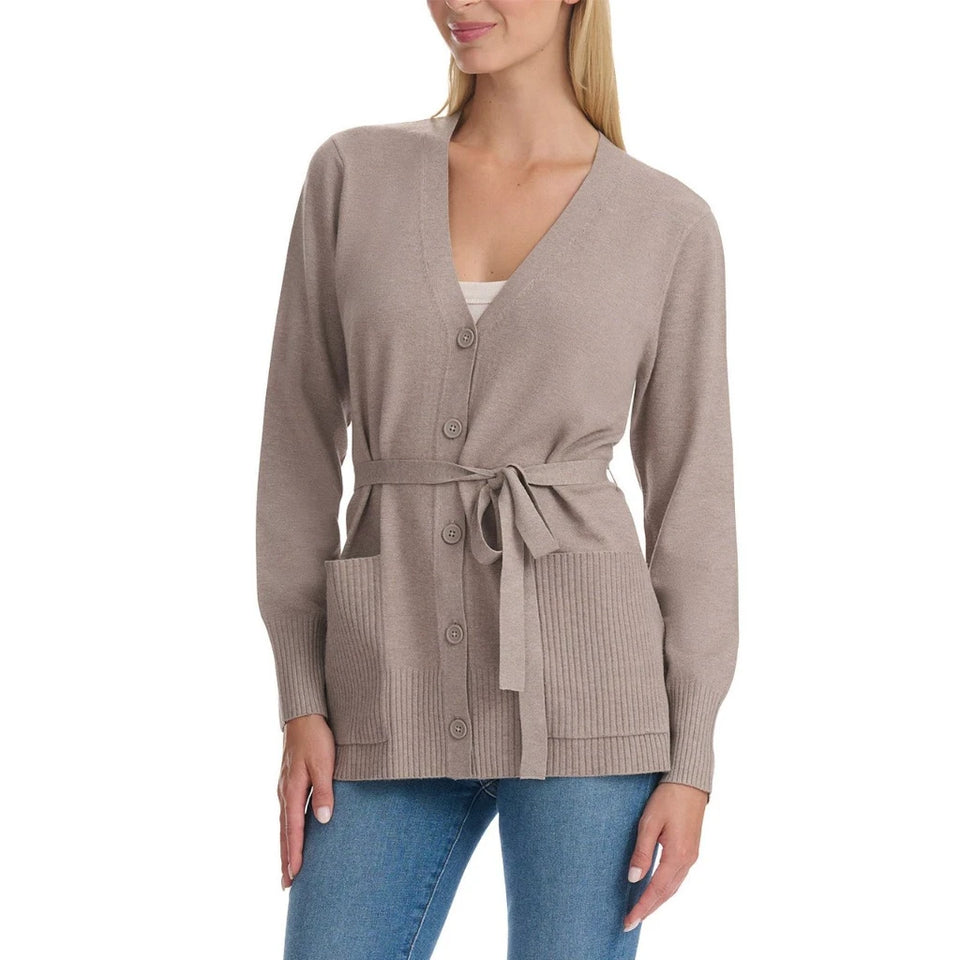 Splendid Women's Taupe Belted Button Front Long Sleeve Cardigan