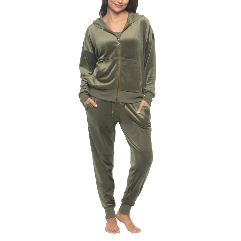 Felina Women's Olive Green2 Piece Velour Track Suit Hoodie and Pants Pajama Set