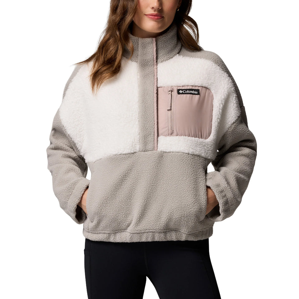 Columbia Women's Grey/White Colorblock Sherpa Fleece Snap-Neck Pullover Sweatshirt