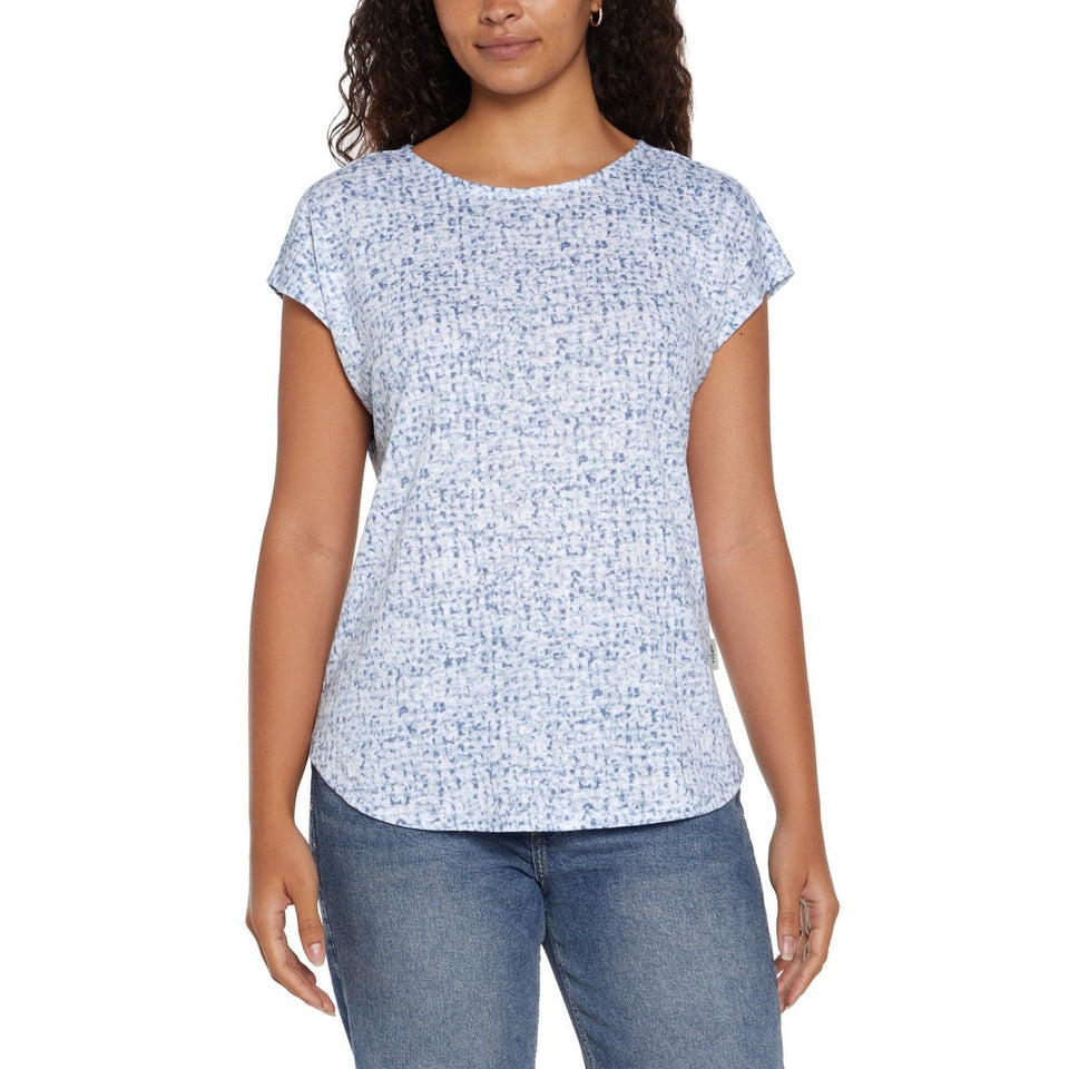 Orvis Women's Blue & White Linen Blend Short Sleeve T-Shirt