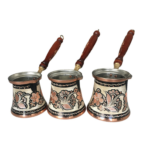 SD Turkish Copper With Wood Handles Coffee Pot Set 3pcs | SD In Lebanon