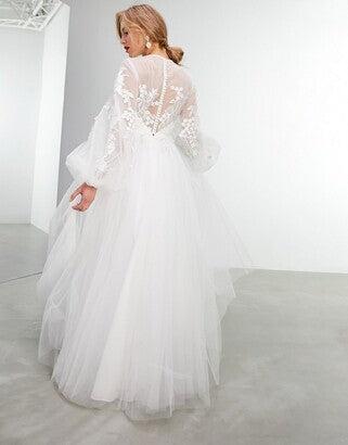 Asos Design Women's White Blouson Sleeve Wedding Dress ANF2859