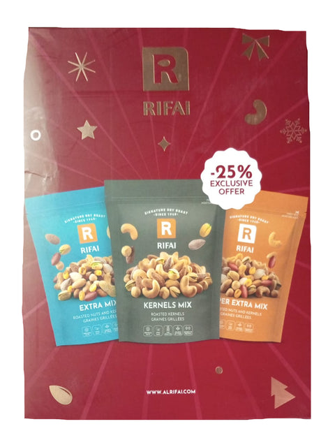 Rifai nuts packaging with promotional offer on a background of plastic bottles