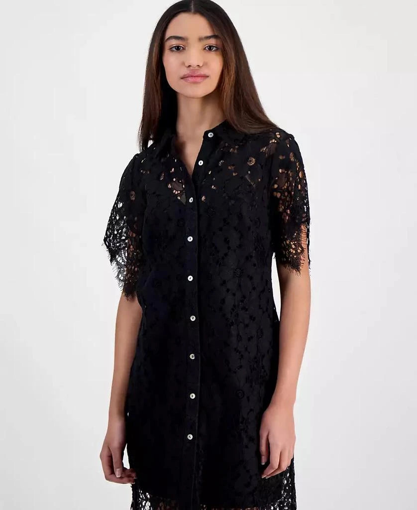 Fourteenth Place Women's Black Lace Button-Front Short-Sleeve Shirt Dress | Fourteenth Place In Lebanon