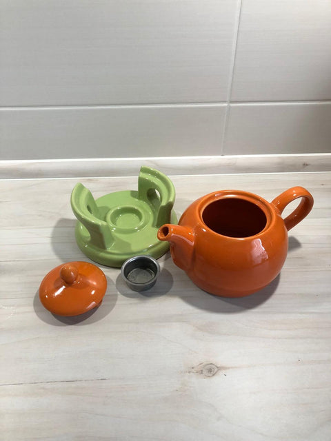 Mg Varticles Orange & Green Glass Tea Pot With Warmer | Mg Varticles In Lebanon