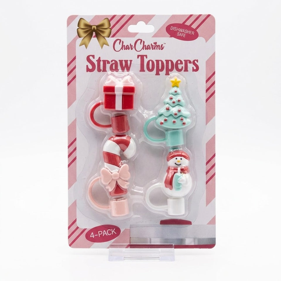 Char Charms Holiday Silicone 4-Pack Christmas Gift Straw Toppers