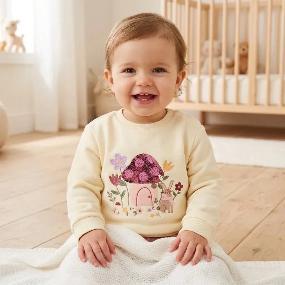 Sinsay Girl's Cream Mushroom Animal Printed Sequin Sweatshirt