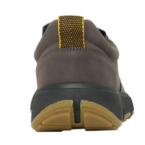 Brown shoe with a yellow pull tab on a white background
