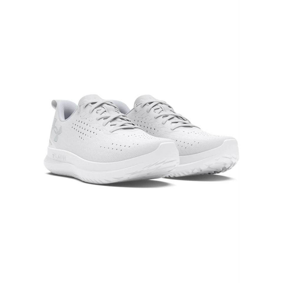 A pair of white athletic sneakers with perforated uppers, white laces, and a thick white sole, shown from a three-quarters angle on a white background.