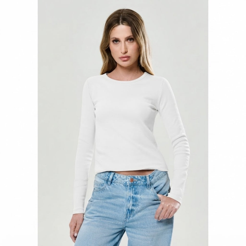 Sinsay Women's White Long Sleeve Crew Neck Ribbed Blouse
