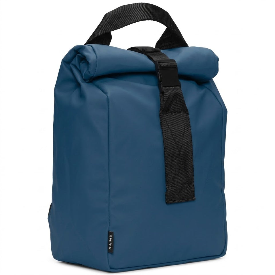 A blue waterproof roll-top backpack with black straps and a top carry handle, shown on a plain white background.