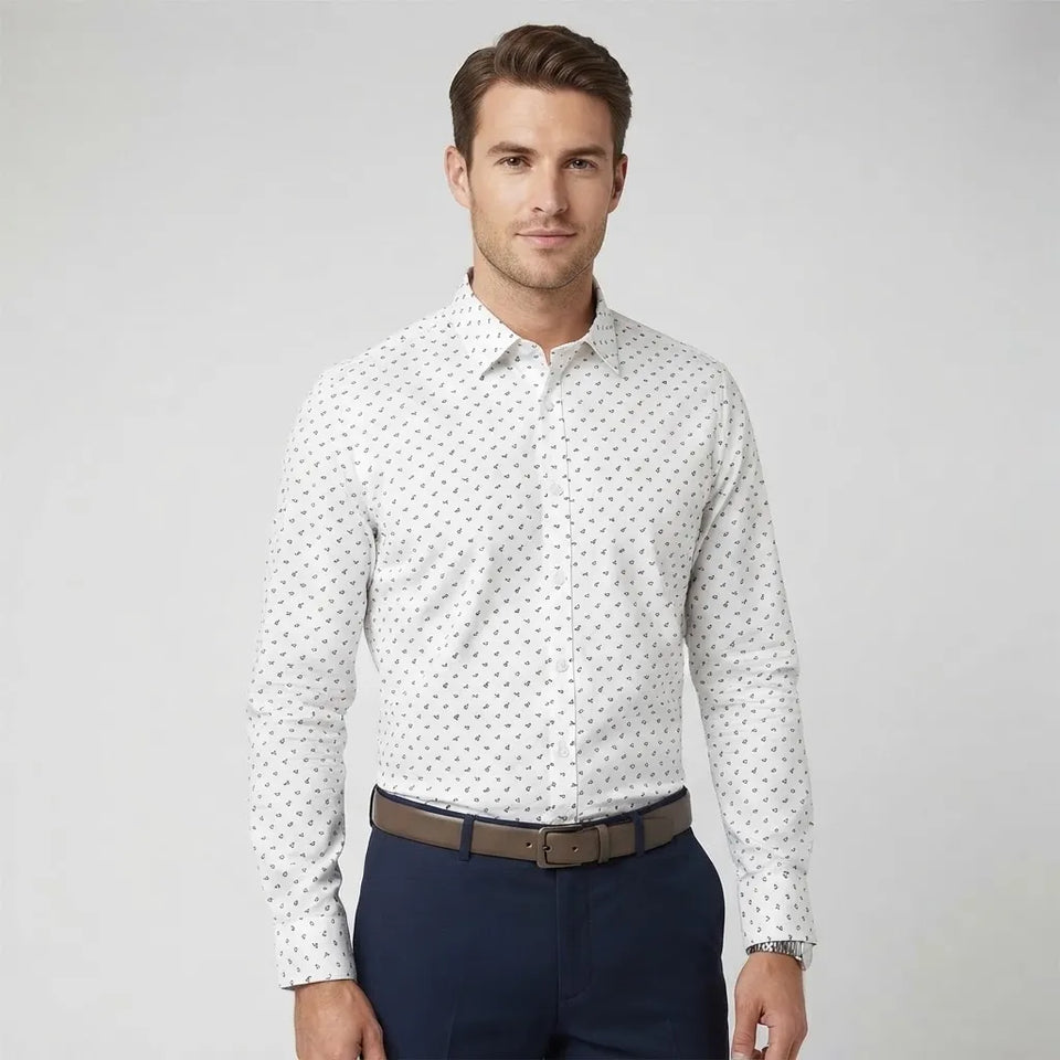 Ben Sherman Men's White Patterned Black Long-Sleeve Shirt