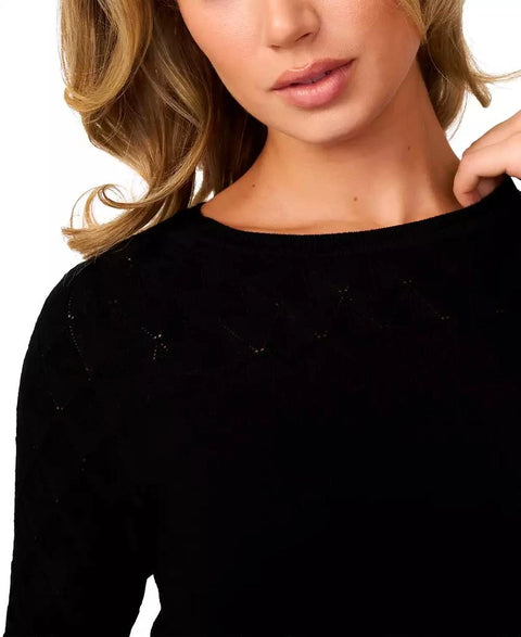 Melissa Paige Women's Black Yoke Wave Stitch Elbow-Sleeve T-Shirt| Melissa Paige In Lebanon