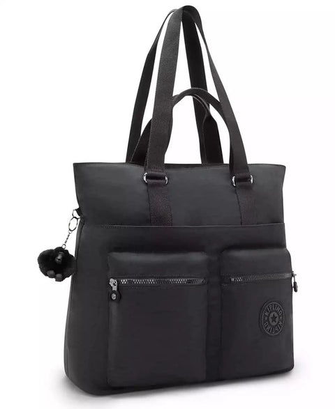 Black tote bag with a visible brand logo on a white background
