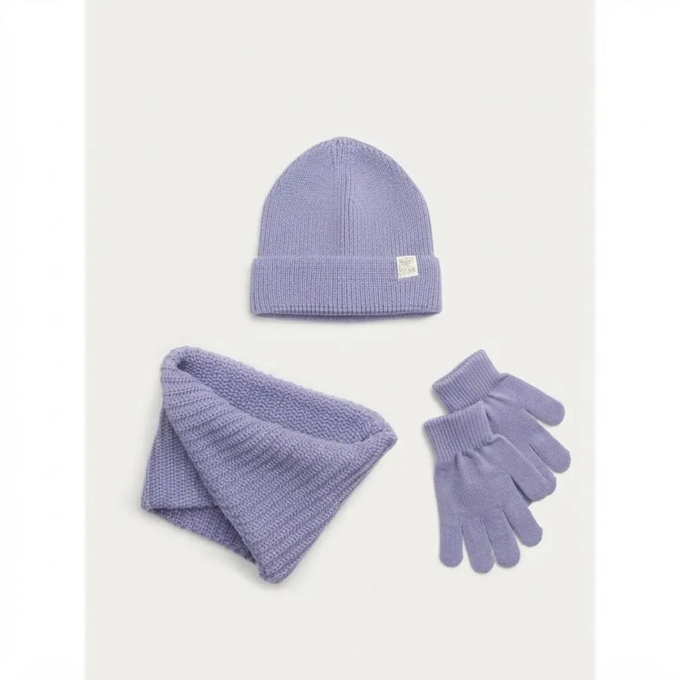 Sinsay Girl's Purple Ribbed Knit Beanie, Scarf & Gloves 3-Piece Accessories Set