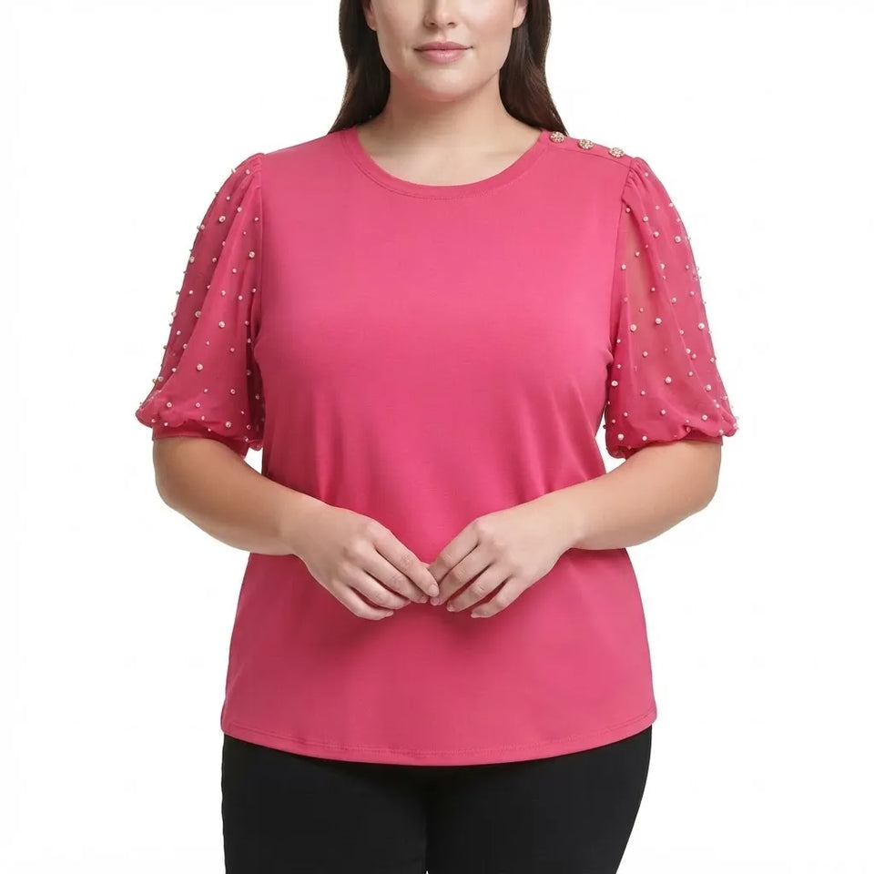 Karl Lagerfeld Women's Fuchsia Pearl-Embellished Puff Short-Sleeve T-Shirt
