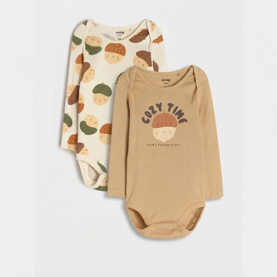 Sinsay Baby Boy's Sand and Off-white with Multicolored Acorn Prints 2 Pack Bodysuit