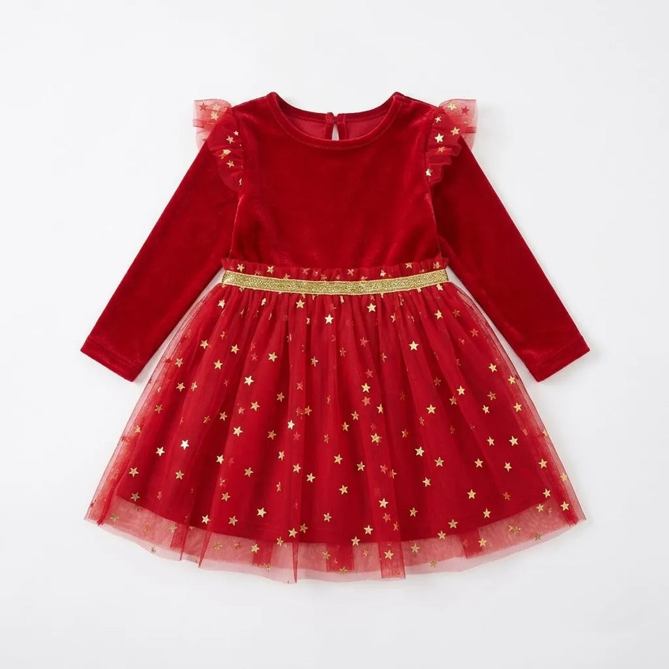 A red long-sleeve toddler dress with a velvet bodice, ruffled shoulder details, a gold glitter waistband, and a tulle skirt decorated with gold star patterns, shown on a plain white background.