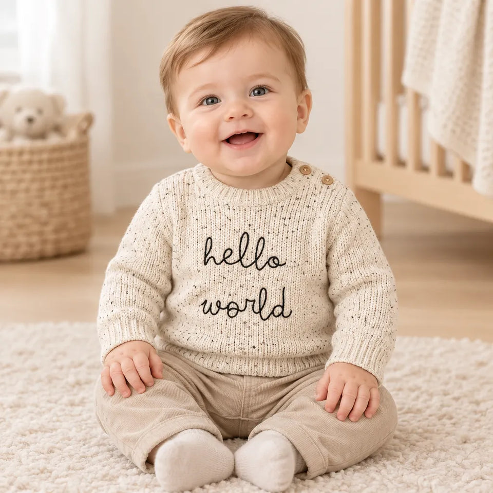 A smiling baby sitting on a white shag rug in a nursery, wearing a cream knit sweater with 'hello world' written in black script across the chest, paired with beige pants and white socks.