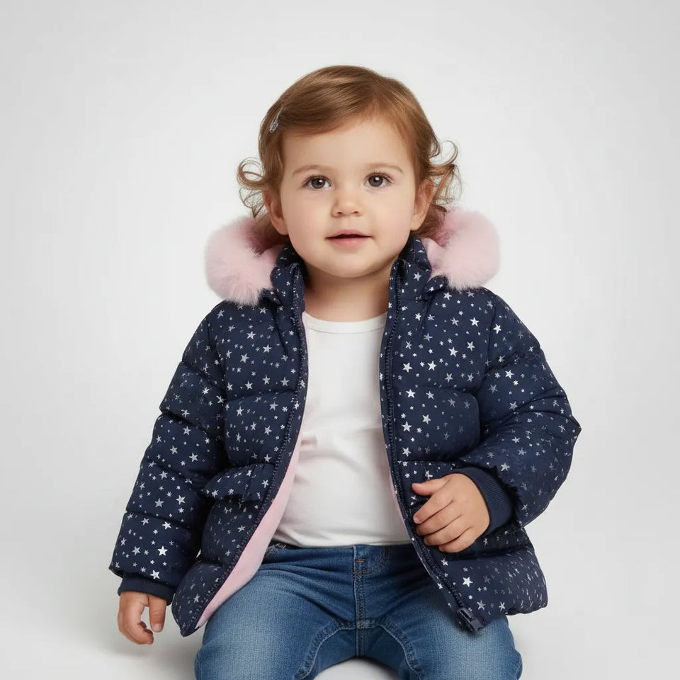 A toddler girl wearing a navy blue puffer jacket with a white star pattern, pink faux-fur trimmed hood, and pink lining, paired with a white t-shirt and blue jeans, photographed against a light gray studio background.