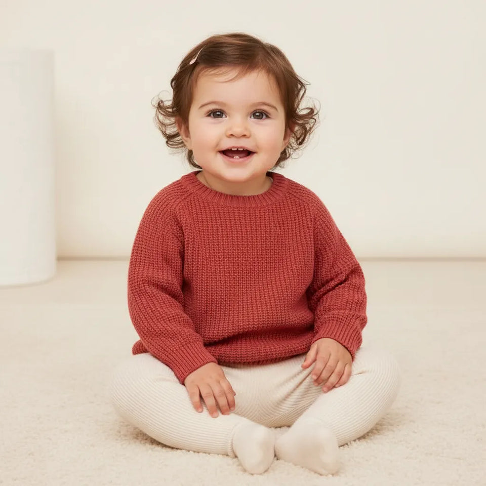 A smiling toddler sitting cross-legged on a cream carpet, wearing a textured rust-red knit sweater and cream ribbed leggings.