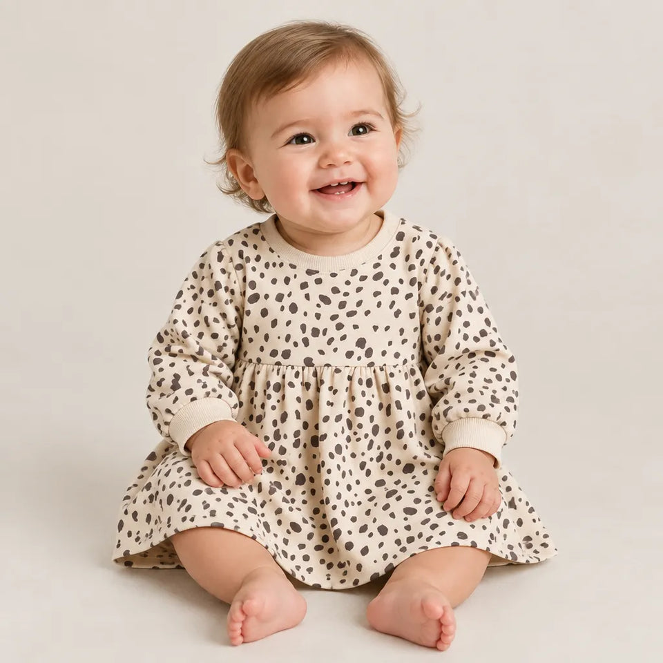 Sinsay Baby Girl's Beige & Brown Spotted Pattern Long Sleeve Dress