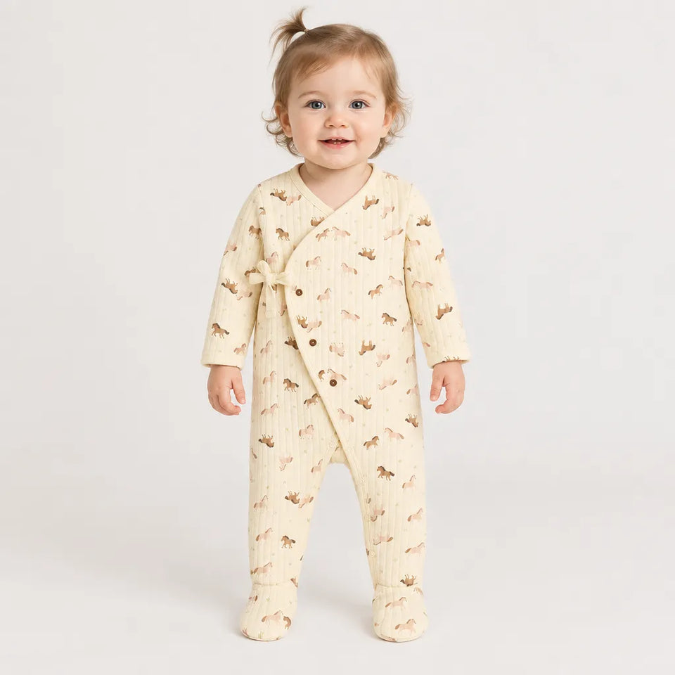 Sinsay Baby Girl's Cream Horse All Over Printed Ribbed Footed Overall